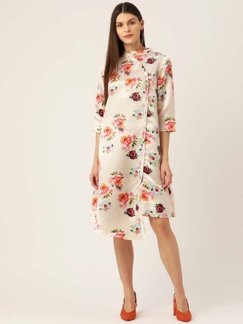 

Rue Collection Women Cream-Coloured & Pink Floral Printed Satin Finish Wrap Dress