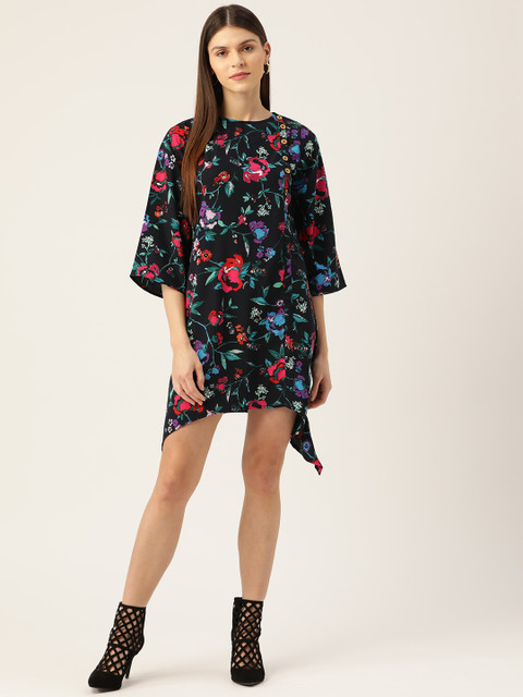 

Rue Collection Women Black & Pink Printed Asymmetric A-Line Dress