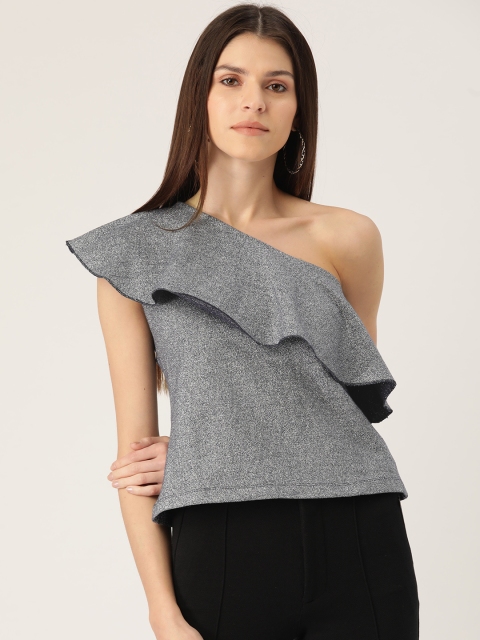 

Rue Collection Women Silver Self-Design One-Shoulder Top