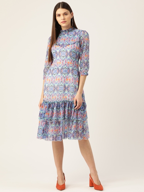 

Rue Collection Women White & Blue Printed A-Line Dress
