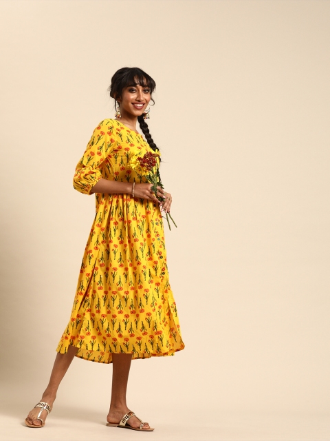 

Varanga Women Yellow Printed A-Line Dress