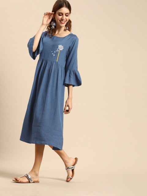

Varanga Women Blue A-Line Dress with Floral Embroidered Detail
