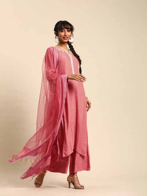 

Varanga Women Coral Pink Solid Kurta with Palazzos & Dupatta