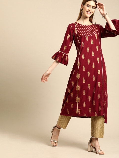 

Varanga Women Maroon & Gold-Toned Foil Printed A-Line Kurta