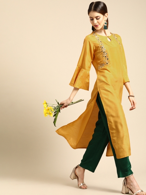 

Varanga Women Mustard Yellow & Green Solid Kurta Set With Embroidery Detail
