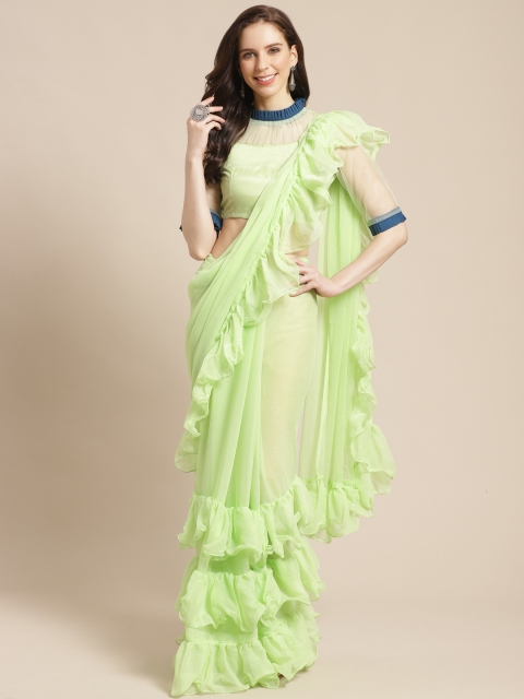 

Nayo Green Solid Pure Chiffon Ruffled Saree