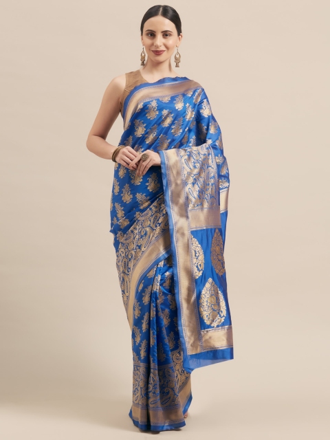 

Mitera Blue & Gold-Toned Art Silk Woven Design Banarasi Saree