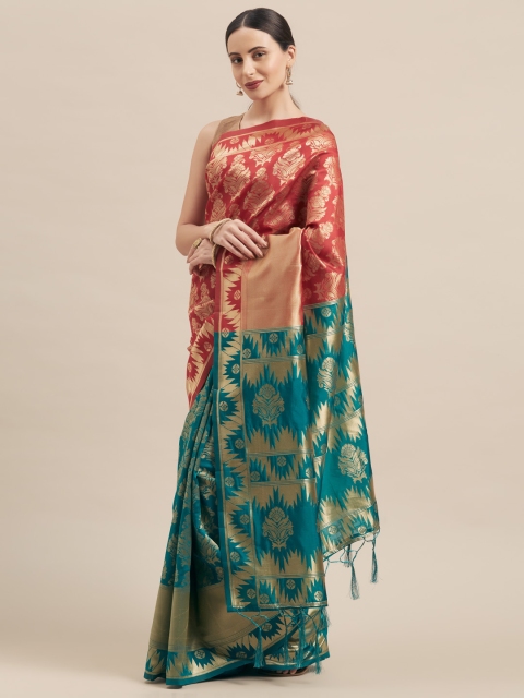 

Mitera Red & Teal Green Art Silk Woven Design Half & Half Banarasi Saree