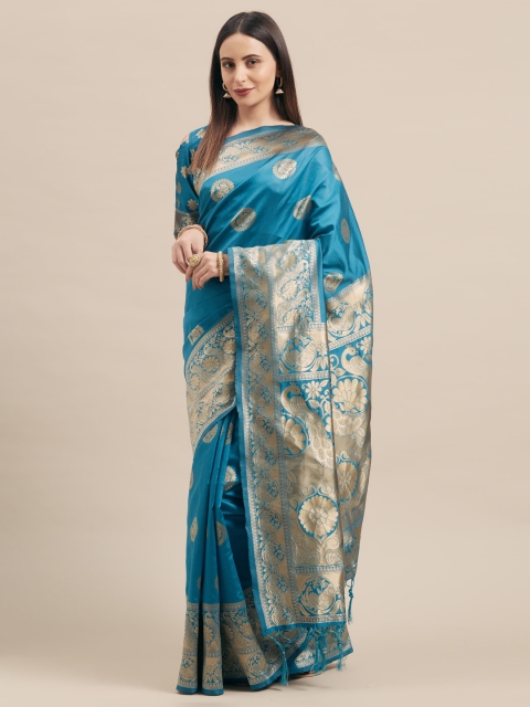 

Mitera Blue & Gold-Toned Art Silk Woven Design Banarasi Saree