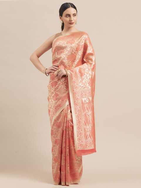 

Mitera Peach-Coloured & Gold-Toned Art Silk Woven Design Banarasi Saree