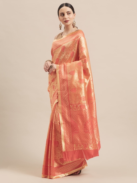 

Mitera Peach-Coloured & Gold-Toned Art Silk Woven Design Banarasi Saree