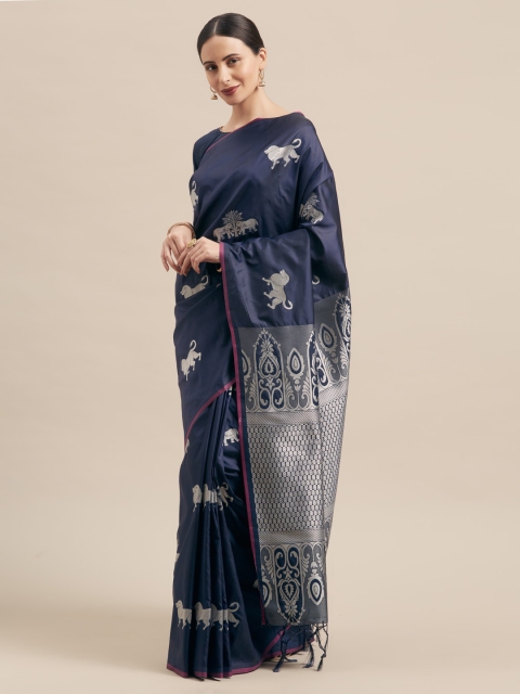 

Mitera Navy Blue & Silver-Toned Art Silk Woven Design Banarasi Saree