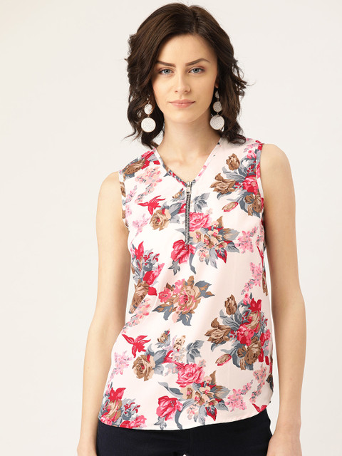 

Rute Women White & Pink Floral Print Top