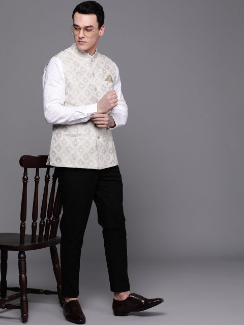 

Fabindia Men Off-White & Beige Jacquard Weave Woven Design Nehru Jacket