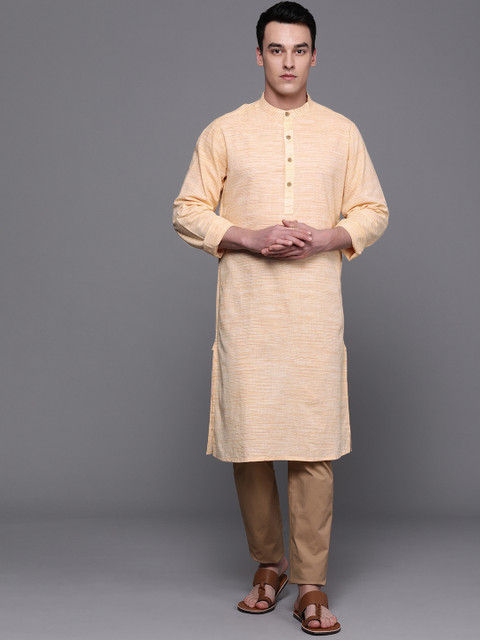 

Fabindia Men Peach-Coloured Slim Fit Woven Design Straight Kurta