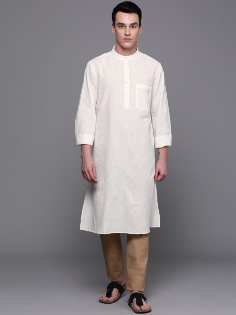 

Fabindia Men White Handblock Print Straight Kurta