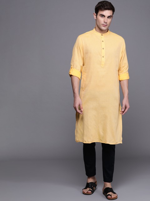 

Fabindia Men Yellow & White Woven Design Dobby Weaved Straight Kurta