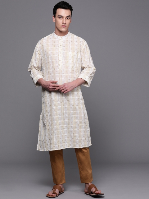 

Fabindia Men Off-White & Green Handblock Print Straight Kurta