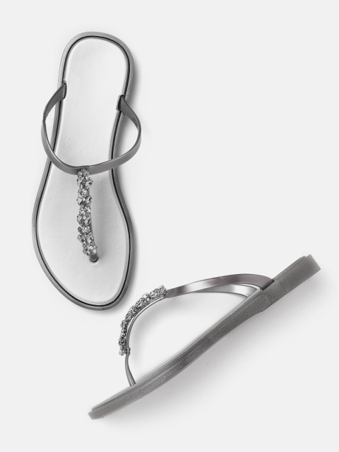 

Lavie Women Gunmetal-Toned Embellished T-Strap Flats, Metallic