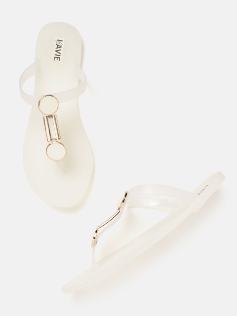 

Lavie Women Off-White & Gold-Toned Solid T-Strap Flats