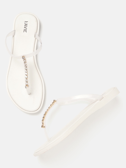 

Lavie Women White & Gold-Toned Embellished T-Strap Flats