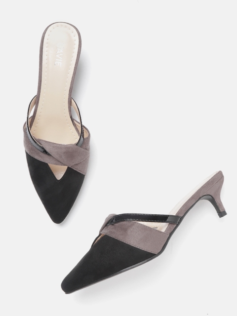 

Lavie Women Black & Charcoal Grey Colourblocked Heeled Mules