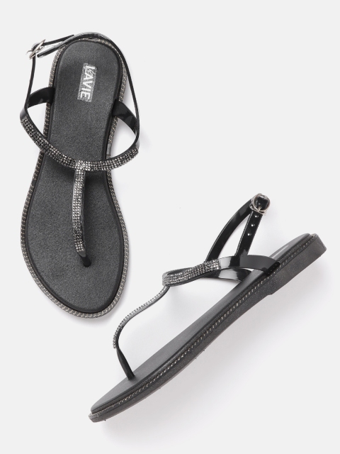 

Lavie Women Black Embellished T-Strap Flats
