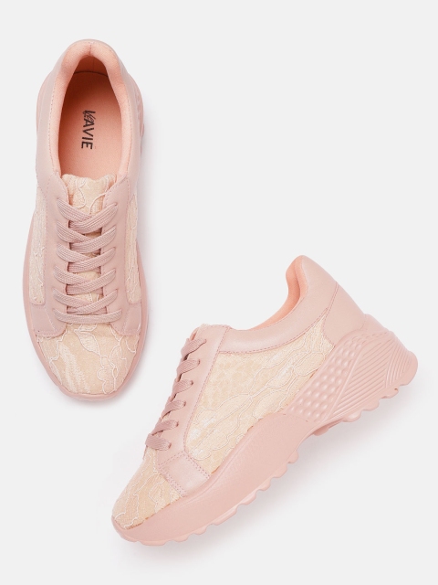 

Lavie Women Peach-Coloured Lace Flatform Sneakers