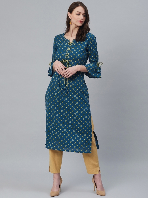 

Azira Women Teal Blue & Green Printed Straight Kurta