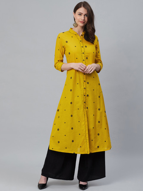 

Azira Women Mustard Yellow & Black Dobby Woven Design A-Line Kurta