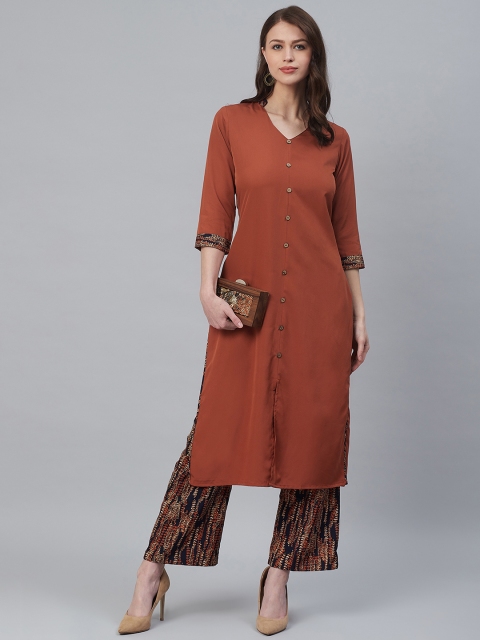 

Azira Women Rust Brown & Navy Blue Solid Kurta with Palazzos
