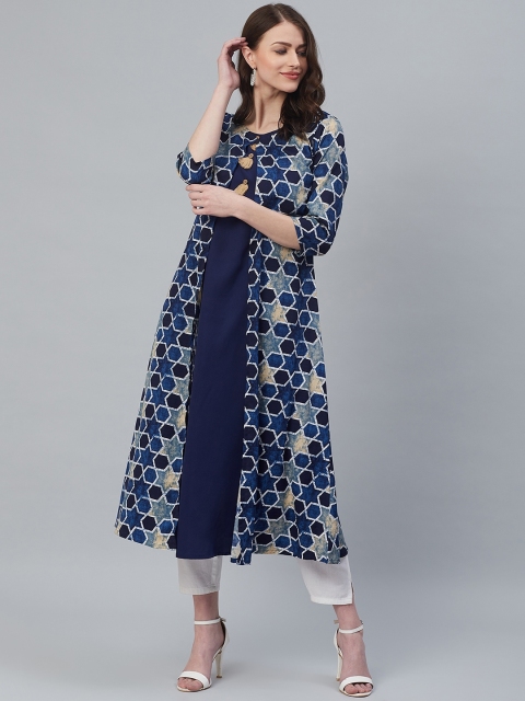 

Azira Women Navy Blue & White Printed Layered A-Line Kurta