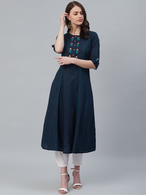 

Azira Women Navy Blue Yoke Design A-Line Kurta