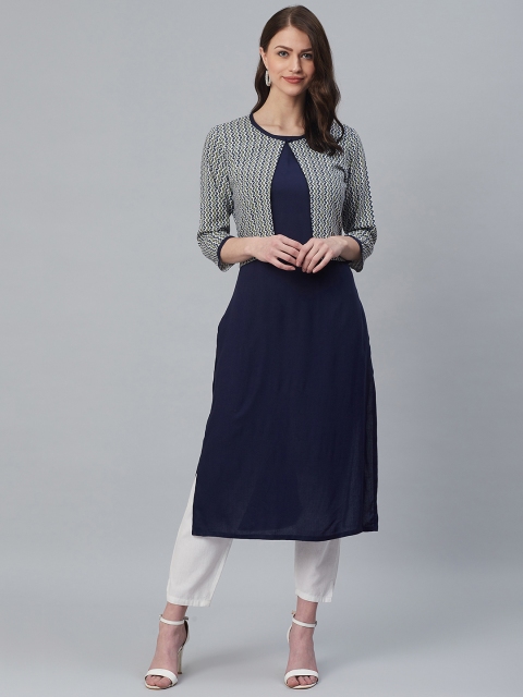 

Azira Women Navy Blue & White Solid Straight Kurta With Ethnic Jacket