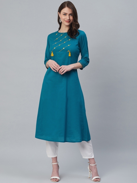 

Azira Women Teal Blue & Mustard Yellow Yoke Design A-Line Kurta
