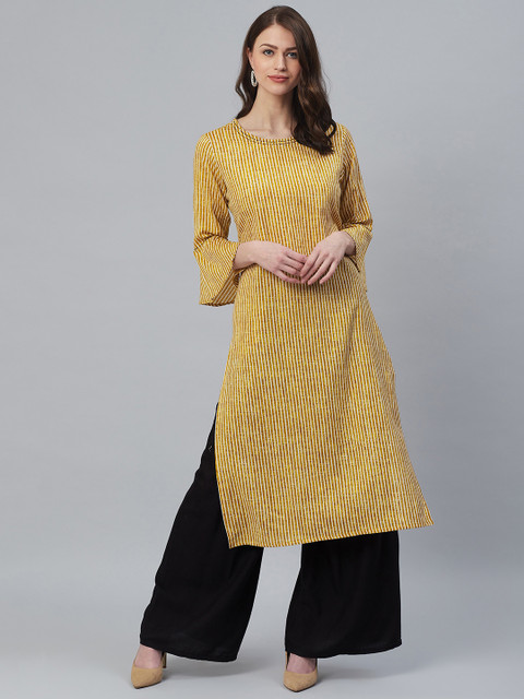 

Azira Women Mustard Yellow & Off-White Striped Straight Kurta