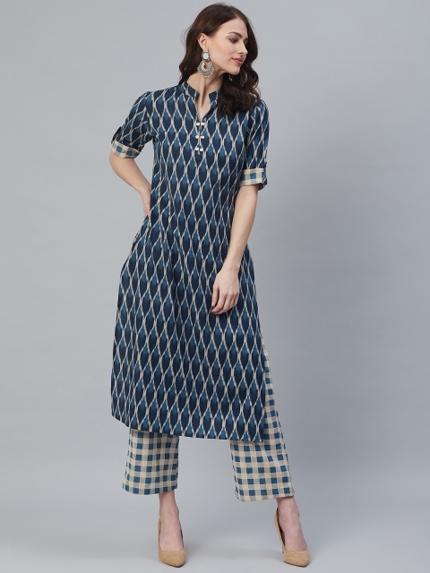 

Azira Women Blue & Beige Ikat Printed Kurta with Palazzos