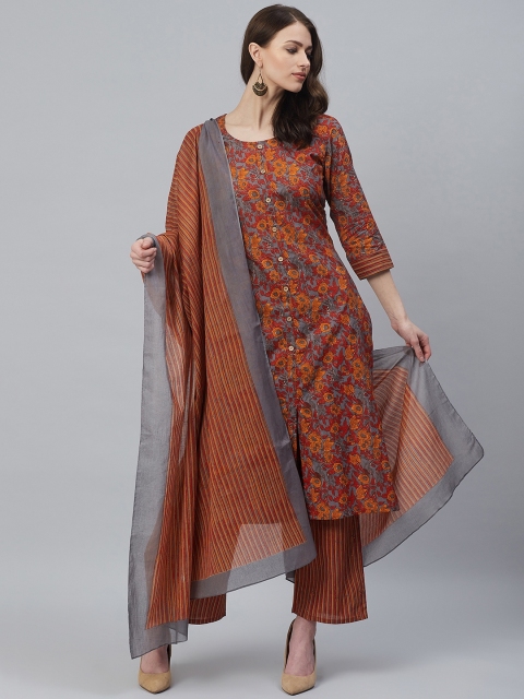 

Azira Women Grey & Orange Printed Kurta with Palazzos & Dupatta