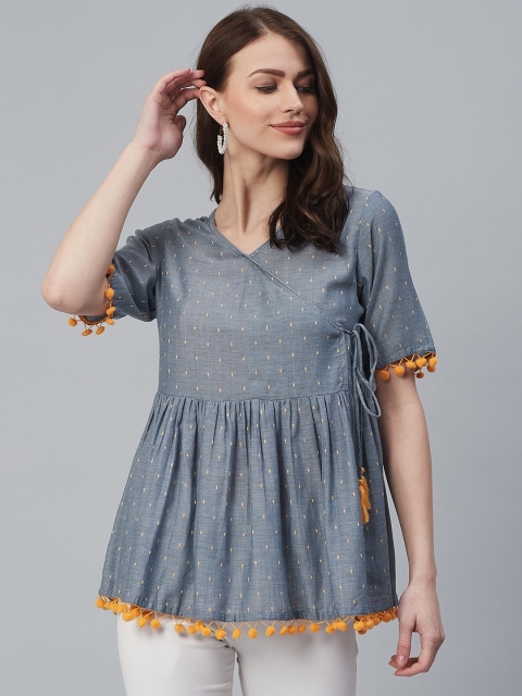 

Azira Women Grey & Mustard Yellow Self Design Wrap Top