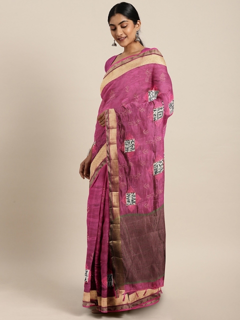 

The Chennai Silks Pink & Gold-Toned Jute Cotton Embroidered Saree
