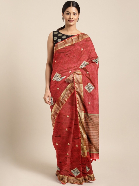 

The Chennai Silks Rust Red Embroidered Jute Cotton Saree