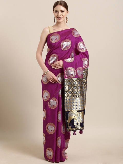 

The Chennai Silks Classicate Purple & Silver-Toned Silk Blend Woven Design Patola Saree