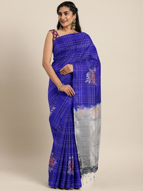 

The Chennai Silks Navy Blue & Grey Pure Silk Checked Kanjeevaram Saree