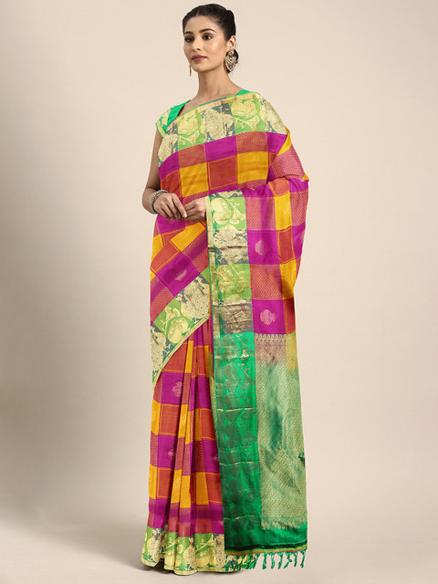 

The Chennai Silks Yellow & Pink Pure Silk Checked with Woven Design Kanjeevaram Saree