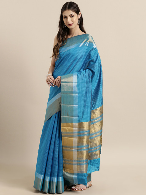 

The Chennai Silks Classicate Blue & Gold-Coloured Jute Cotton Self-Checked Saree