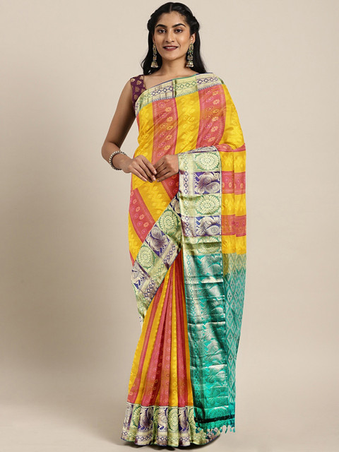 

The Chennai Silks Classicate Yellow & Pink Pure Silk Striped Kanjeevaram Saree