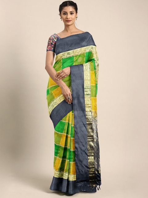 

The Chennai Silks Classicate Yellow & Green Pure Silk Checked Kanjeevaram Saree