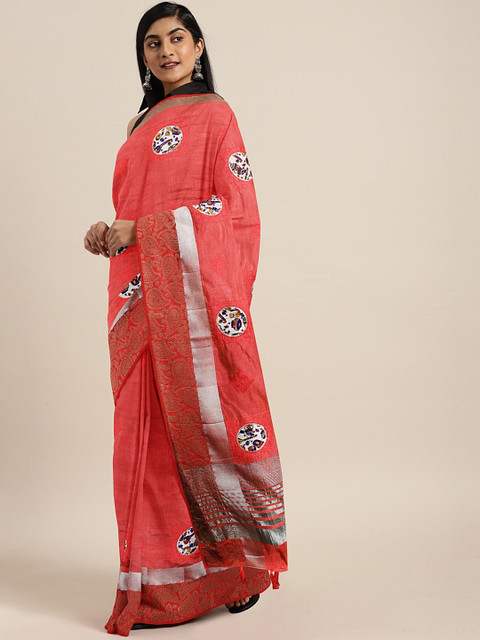 

The Chennai Silks Classicate Red Embroidered Jute Cotton Saree