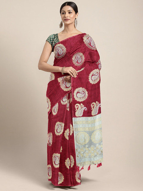 

The Chennai Silks Maroon & Gold-Toned Silk Blend Woven Design Patola Saree