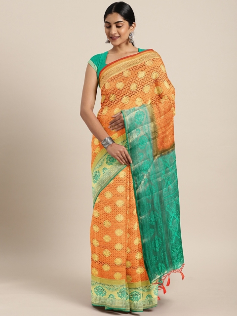 

The Chennai Silks Classicate Orange & Gold-Toned Viscose Rayon Woven Design Saree